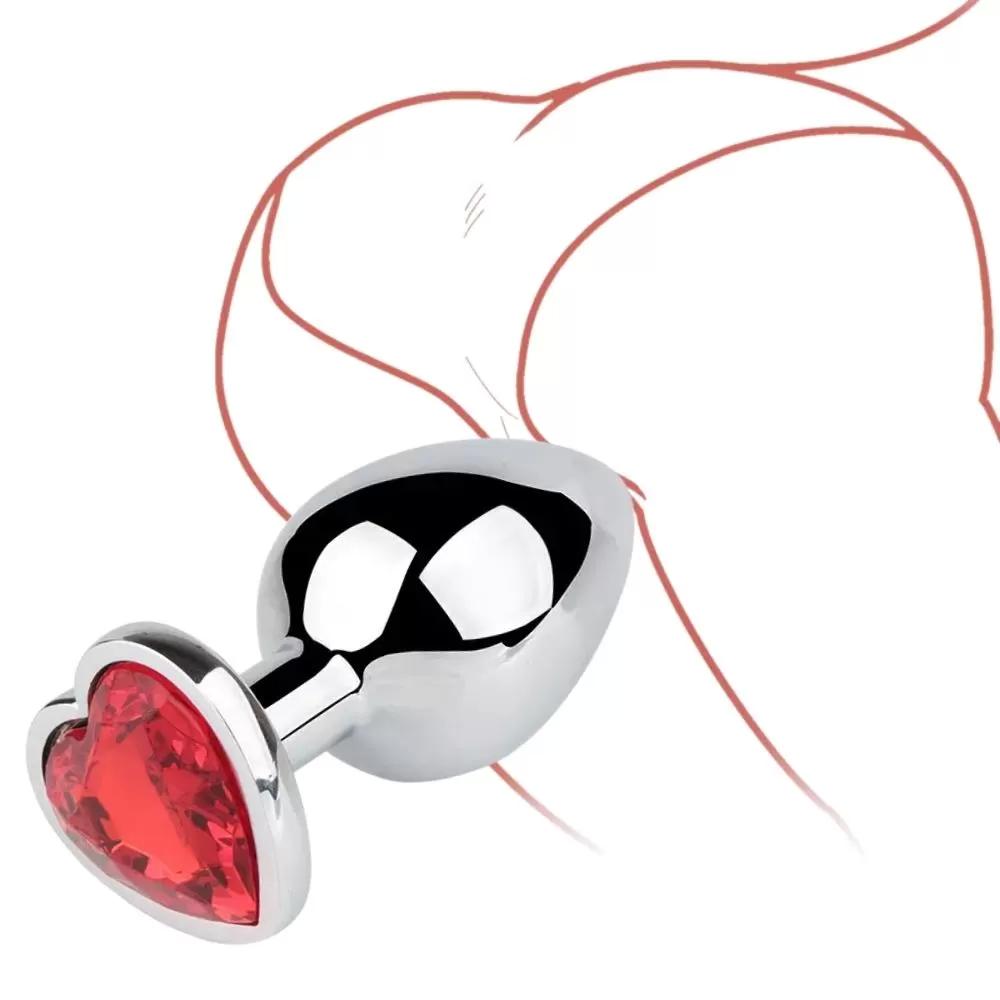 Silver Paslanmaz Çelik Kalp Şeklinde Kırmızı Taşlı Metal Anal Plug